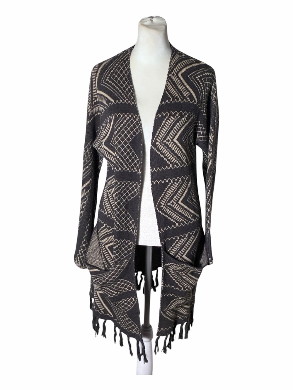 Billabong southwest print fringed knit long cardigan sweater Sz Small